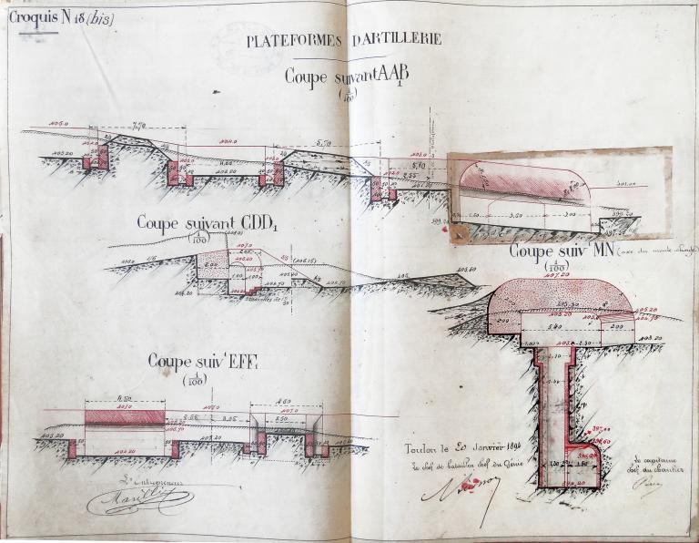 Plateformes d'artillerie. Coupes suivant AAB. [Fort du Pipaudon. Coupes et profils du projet des plates-formes et du magasin de combat central (avec monte-charge) de la batterie.], 20 janvier 1894.