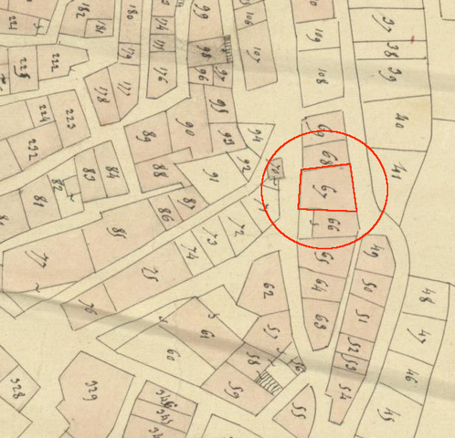Plan de masse d'après le plan cadastral de 1839, section F1. Echelle d'origine 1/1000e.