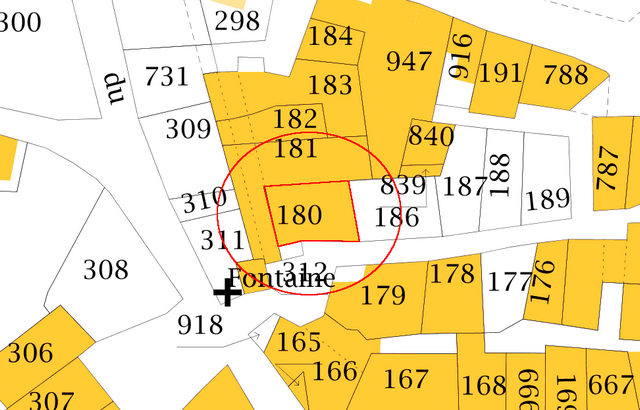 Plan de masse d'après le cadastre de 2021, section 000F. Echelle d'origine 1/500e.
