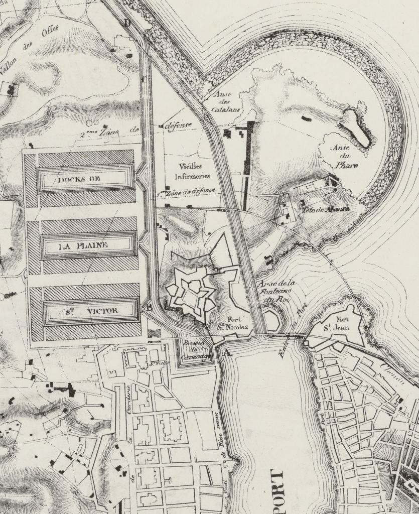Plan de Marseille et des environs contenant les projets de docks, de canaux maritimes et de port militaire, 1836.