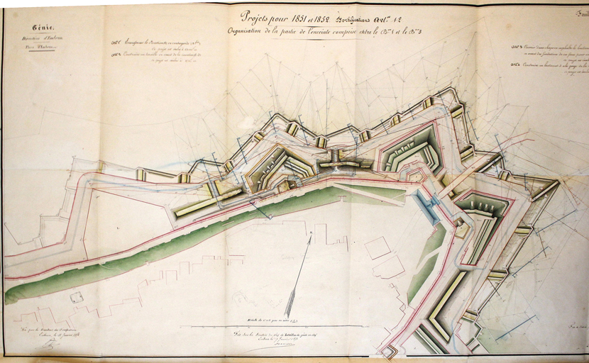 Génie. Place d'Embrun. Projet pour 1851 et 1852. Organisation de la partie de l'enceinte comprise entre le Bon 2 et le Bon 5 . [Plans du projet d'organisation des bastions 2-3-4, avec bastionnets], 1851.