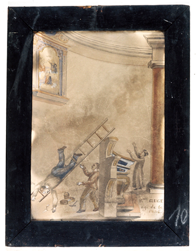 ex-voto, tableau : Chute d'un ouvrier tombant d'une échelle dans une église, E. Giuge