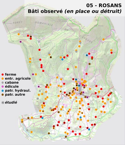 Commune de Rosans. Variété du bâti dispersé, reportée sur la carte IGN (échelle d'origine 1/25 000e).