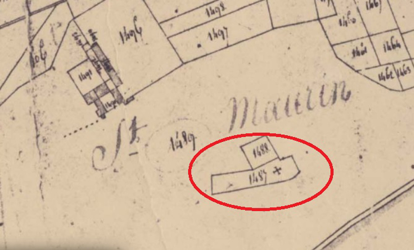 Plan de masse et de situation de l'emplacement hypothétique de l'église Saint-Maurin d'après le cadastre de 1823 (section G2 dite de Pigoudet, parcelle 1487).