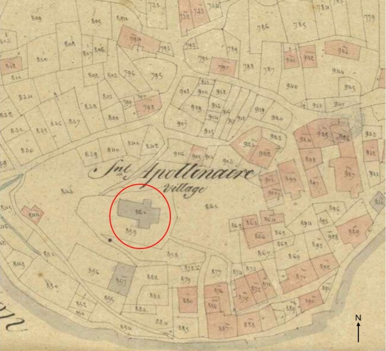 Plan de masse et de situation d'après le cadastre de 1843 (section A, parcelle 850). Echelle d'origine 1/10000.
