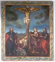 tableau : Christ en croix entre saint Barthélemy, sainte Marie-Madeleine, sainte Barbe et saint Marc