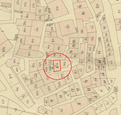 Plan de masse d'après le plan cadastral de 1839, section F1. Echelle d'origine 1/1000e.