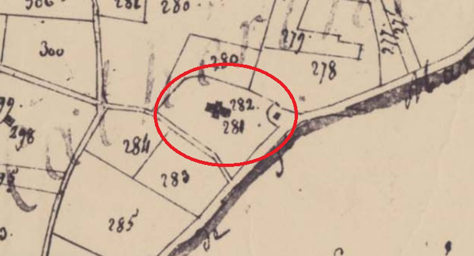Plan de masse et de situation de la chapelle Sainte-Catherine d'après le cadastre de 1823 (section E1, parcelle 282).