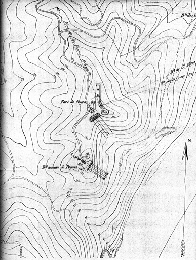 Détail d'un plan topographique général figurant des deux batteries de Peyras, avec les directions de tir, vers 1903