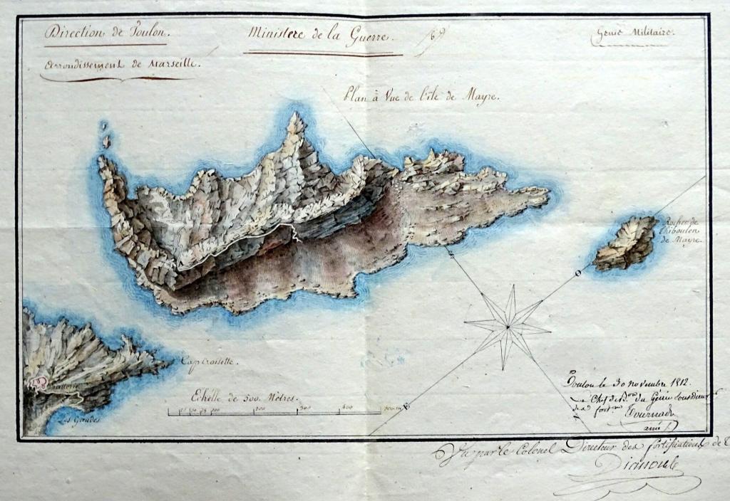 Plan à Vue de l'île de Mayre. [Plan d'état des lieux de l'île de Mayre et du Cap Croisette]. 1812.