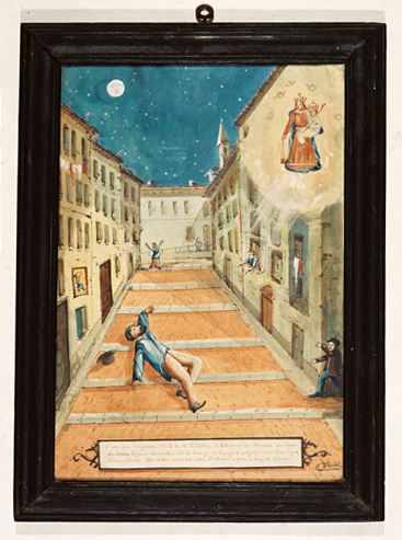 ex-voto, tableau : Chute d'un homme tombant dans une rue en escalier, Constant Gorzzerini