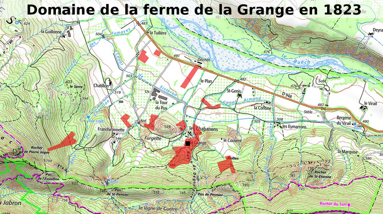 Extrait de la carte IGN au 1/25 000e, montrant l'étendue du domaine agricole d'après le cadastre de 1823.