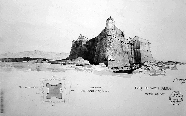 Département des Alpes-Maritimes. Fort de Mont Alban côté ouest. [élévation en perspective et plan masse]. 1907