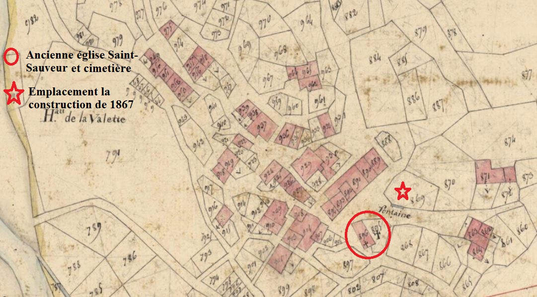 Sur le cadastre de 1827, plan de masse et de situation de l'ancienne église et du cimetière et emplacement de l'église de 1867.