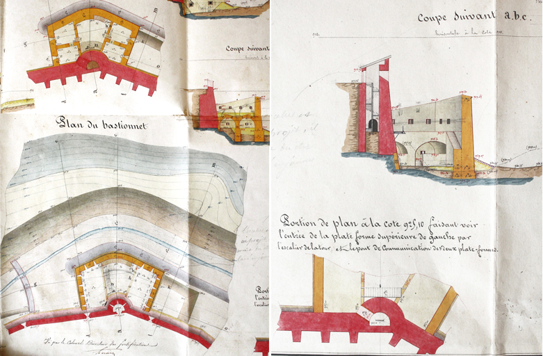 [Place d'Embrun. Plans et coupes du projet du bastionnet de la tour 34], 1840.