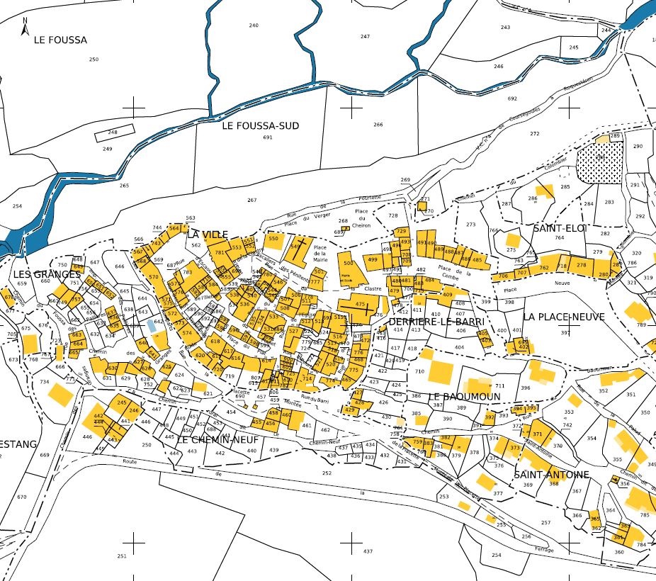 Plan de masse et de situation d'après le cadastre de 2022 (section B).
