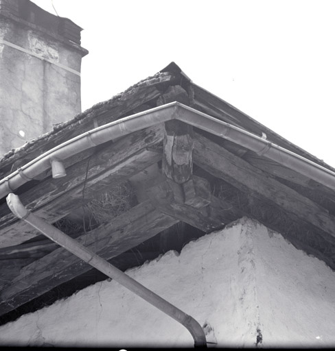 Angle sud-est. Charpente. Ceinture de sablières assemblées à mi-bois débordant la maçonnerie.