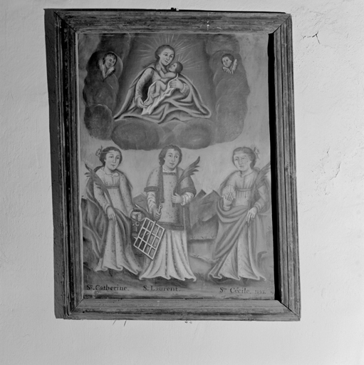 tableau : Apparition de la Vierge à l'Enfant au-dessus de sainte Catherine d'Alexandrie, saint Laurent diacre et sainte Cécile