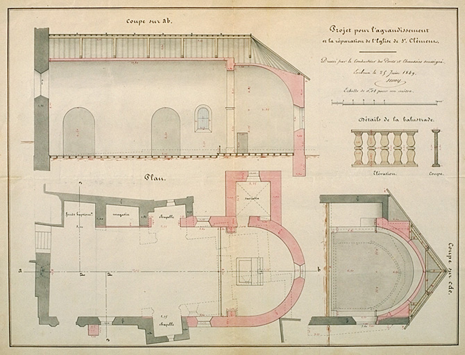 Projet pour l'agrandissement et la réparation de l'église de Saint-Clément, coupes, plan, dressé le 25 juin 1849, éch. 0,01.