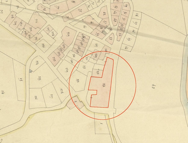 Plan de masse, d'après le cadastre de 1839 (section F1). Echelle d'origine 1/1 000e.