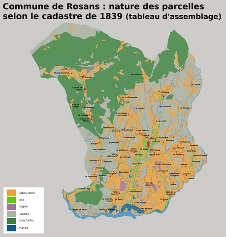 Commune de Rosans. Natures des parcelles en 1839, reportées sur le tableau d'assemblage du cadastre de 1839. Echelle d'origine 1/20 000e.