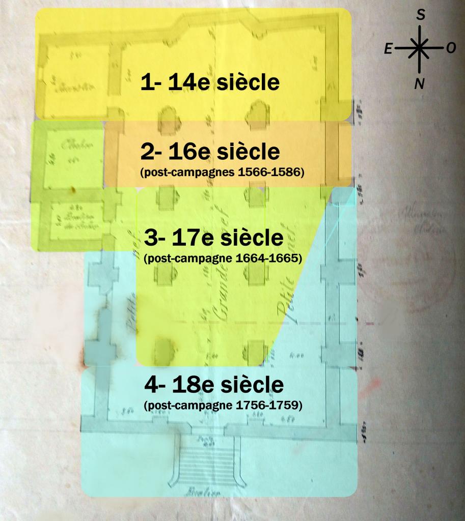 Evolution morphologique de l'église paroissiale de Pourrières d'après campagnes d'agrandissement.
