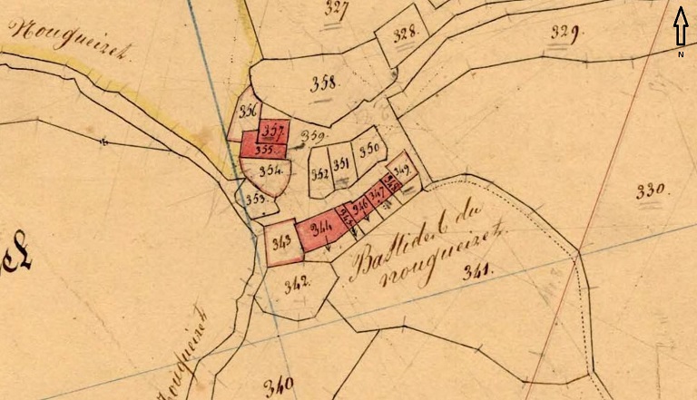 Plan de masse et de situation d'après le cadastre de 1841 (section E4, parcelles 352 à 358).