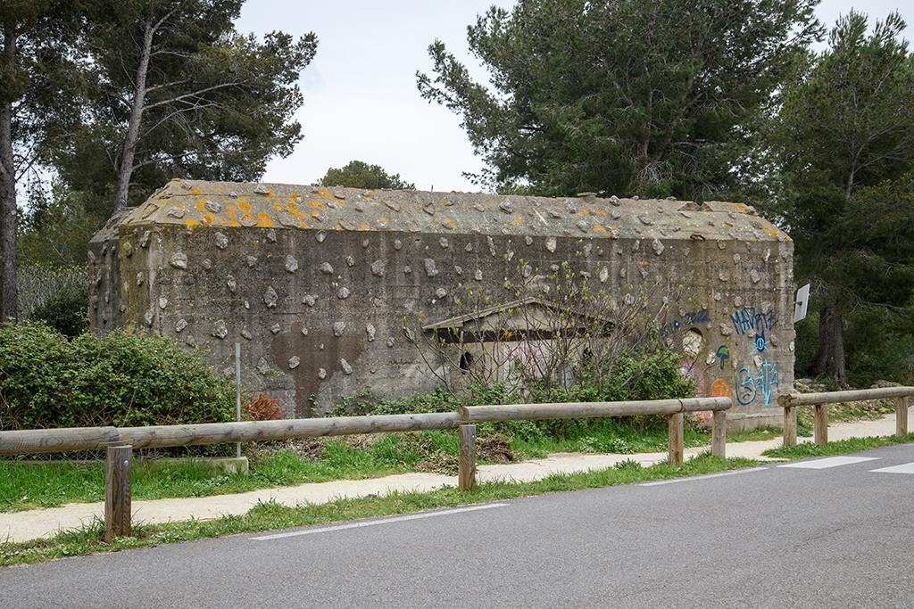 Casemate de flanquement ouest, type Regelbau 680, mur de gorge élargi avec porte centrée (murée), parement rocaillé