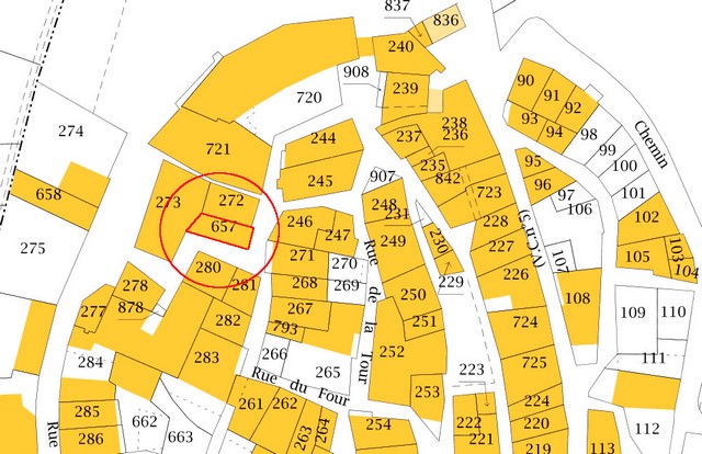 Plan de masse d'après le cadastre de 2021, section 000F. Echelle d'origine 1/500e.