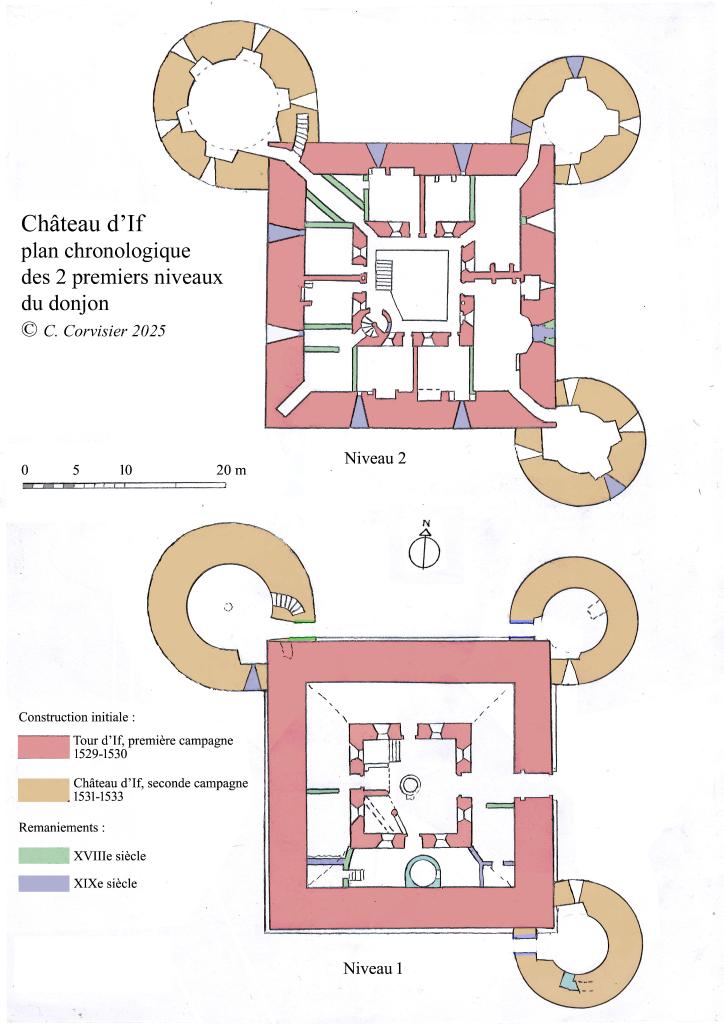 Plans chronologiques du donjon du château d'If . Dessin C. Corvisier