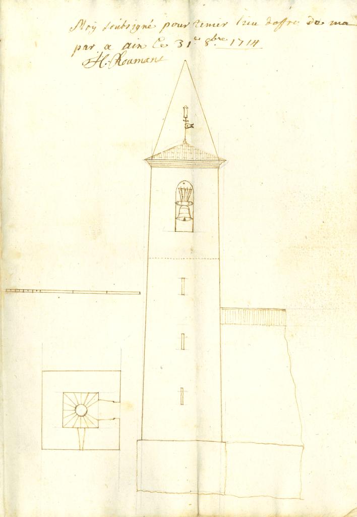 Dessin d'un nouveau clocher pour l'église paroissiale du lieu de Saint-Julien-le-Montagnier, 1714.