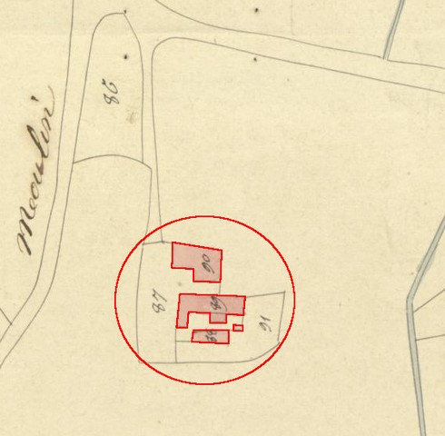 Plan de masse d'après le plan cadastral de 1839, section G6. Echelle d'origine 1/2000e.