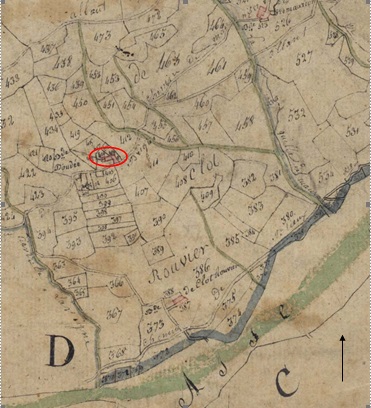 Carte 1. - L’exploitation autonome : ferme du Boudet (actuellement 1982 B 383 ; 1811 B2 413, 416).