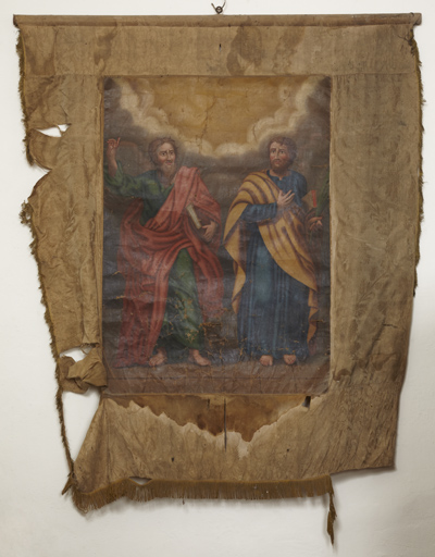 Bannière de procession : l'Assomption, saint Jacques le Majeur et saint jacques le Mineur