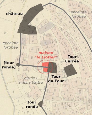 Localisation de la maison dans le contexte de l'enceinte fortifiée, d'après le cadastre de 1839 (section F1). Echelle d'origine 1/1 000e.