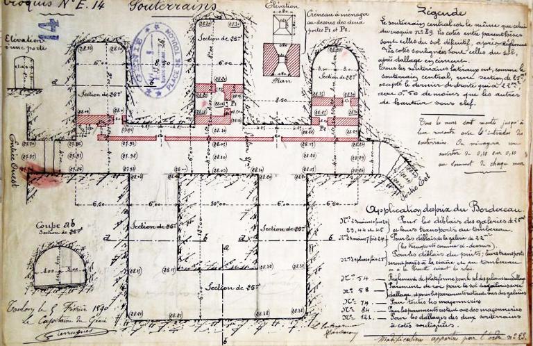 Souterrains [Plan des souterrains et magasins-caverne de l'ouvrage du Gros Cerveau]. 1890.