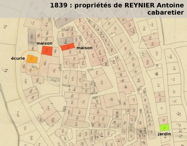 Propriétés du cabaretier Antoine Reynier en 1839, reportées sur le cadastre de 1839 (section F1). Echelle d'origine 1/1 000e.