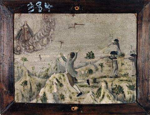 ex-voto, tableau : Homme sauvé du feu ouvert par les soldats français de la Révolution,