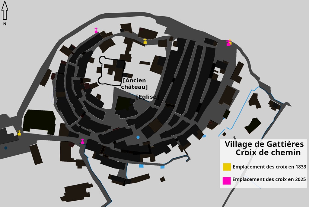 Village de Gattières, emplacements des croix de chemin.