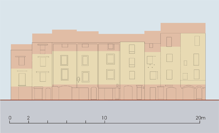 Elévation des façades de la rue Saint-Victor distinguant les parties agricoles et / ou commerciales et les logements.