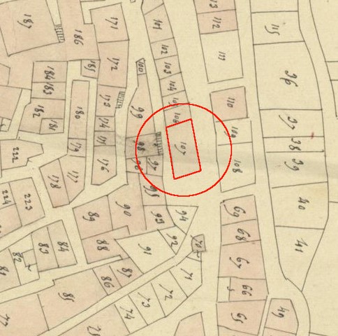 Plan de masse d'après le plan cadastral de 1839, section F1. Echelle d'origine 1/1000e.