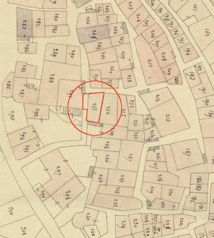 Plan de masse, d'après le cadastre de 1839 (section F1). Echelle d'origine 1/1 000e.