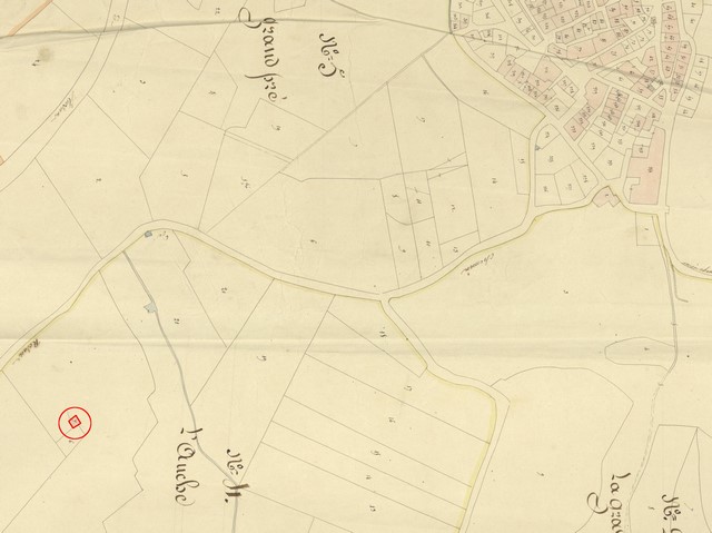 Plan de masse et de situation d'après le plan cadastral de 1839, section F4. Echelle d'origine 1/1000e.