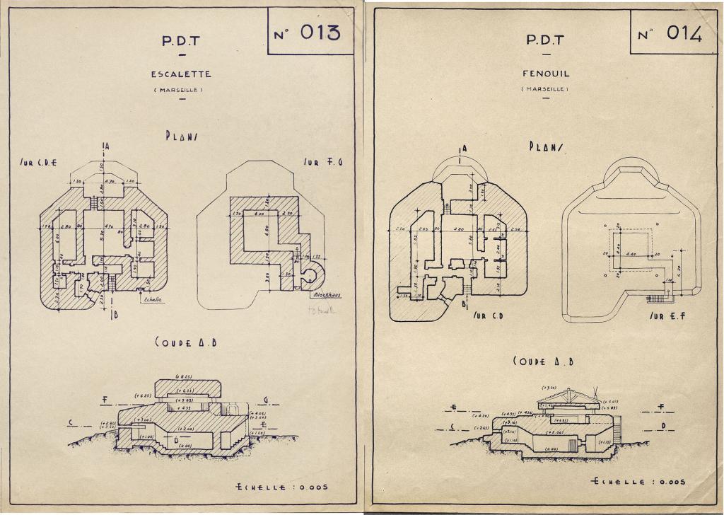 [Plans et coupes des postes de direction de tir (Regelbau 636 et 636a) des batteries de L'Escalette-Bas et de Fenouil], 1946.