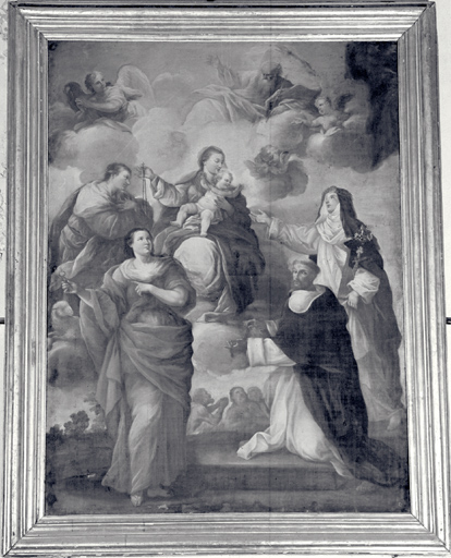 tableau : La Vierge et l'Enfant Jésus remettant le rosaire à saint Dominique, sainte Catherine de Sienne et sainte Agnès de Montepulciano, sainte Apollonie