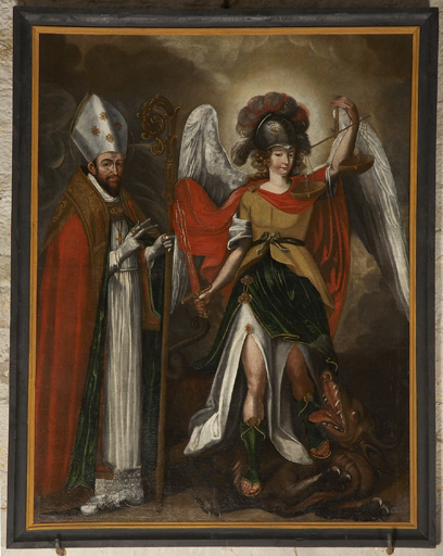 tableau : Saint Michel terrassant le dragon, accompagné d'un évêque