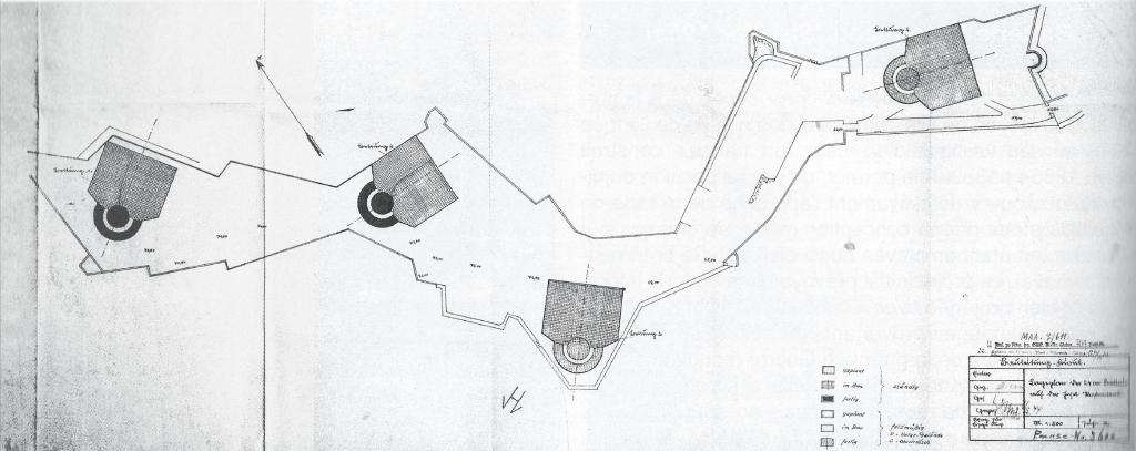 [Plan allemand sommaire du projet en cours des 4 turm regelbau S 542 de la Marine-Kusten batterie Ratonneau], 1944.