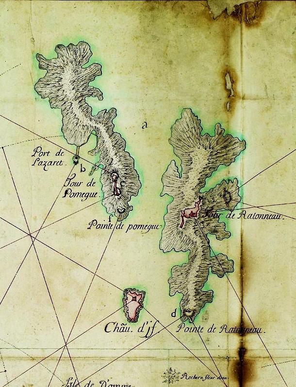 [Carte de la baie de Marseille], 1701. Détail : plan des îles du Frioul et de leurs fortifications.