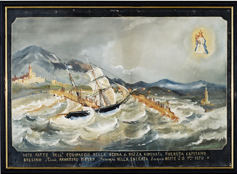 ex-voto, tableau : Bateau dans la tempête, la scona Theresa