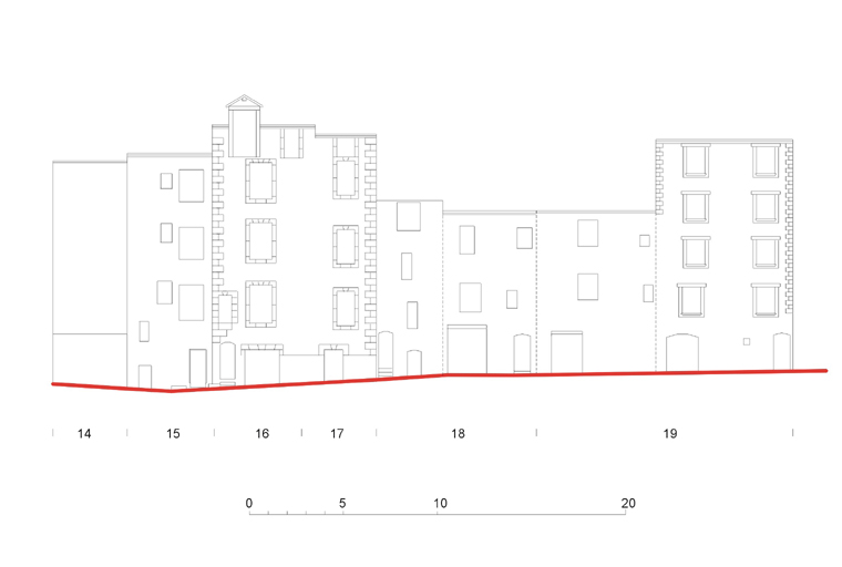 Elévation des façades Rue Haute (parcelles 14 à 19). Relevé réalisé en 2012.